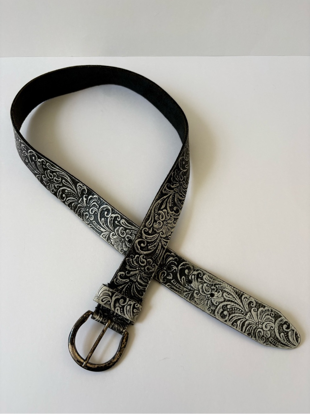 Black Silver Hand Floral Embossed Leather Belt Cowboy Rodeo Western Brass Buckle
